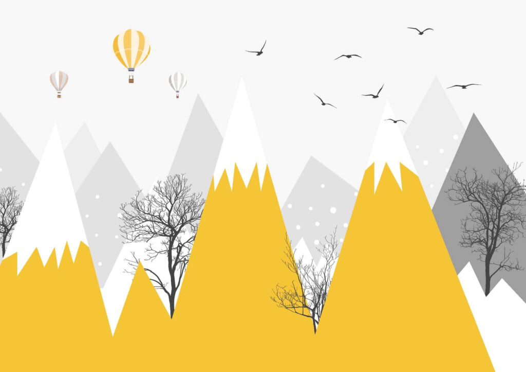 Yellow mountains with trees and birds Yellow mountains with trees and birds