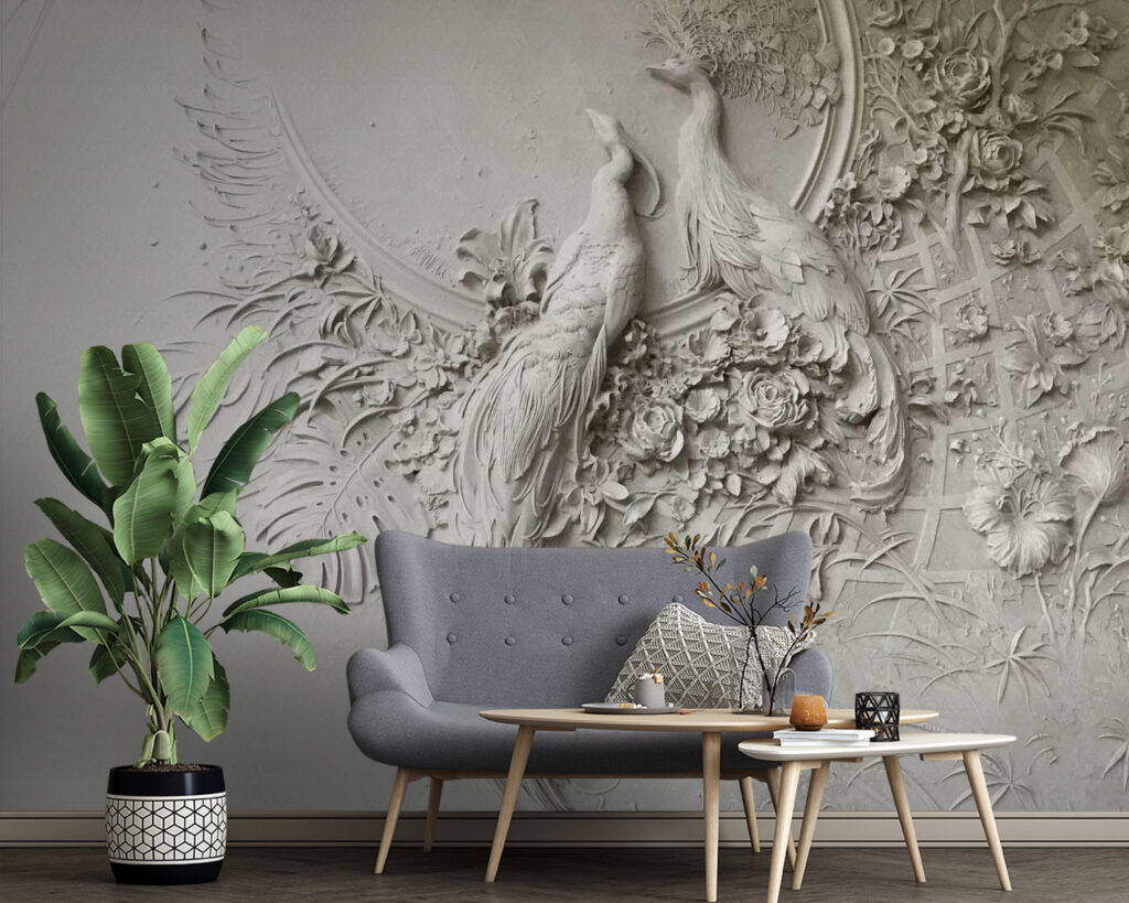 White wall with a couple of birds and flowers White wall with a couple of birds and flowers