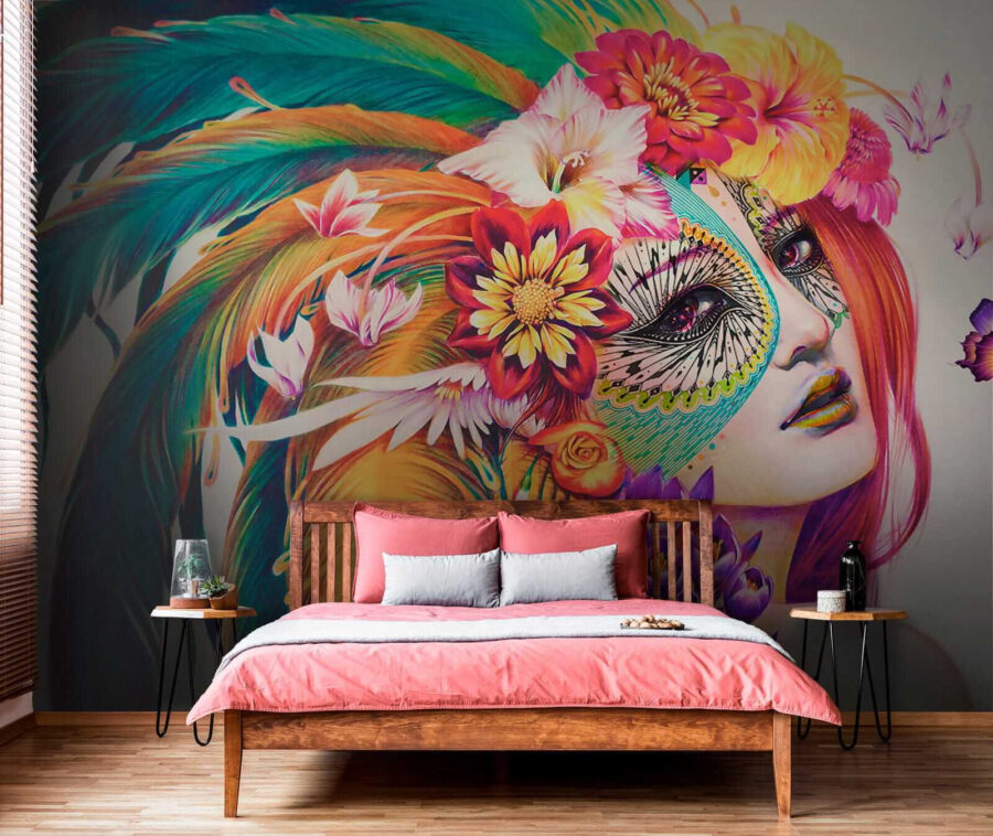Woman with colorful feathers and flowers Woman with colorful feathers and flowers