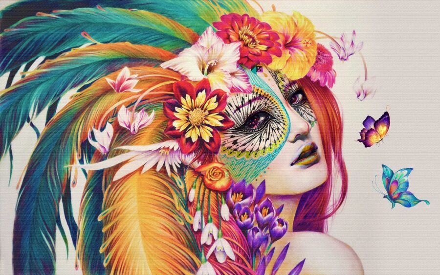 Woman with colorful feathers and flowers