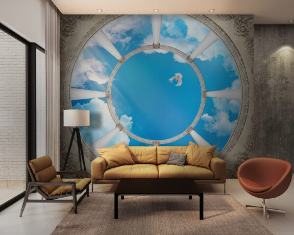 Circular ceiling with columns and a bird flying through the sky Circular ceiling with columns and a bird flying through the sky