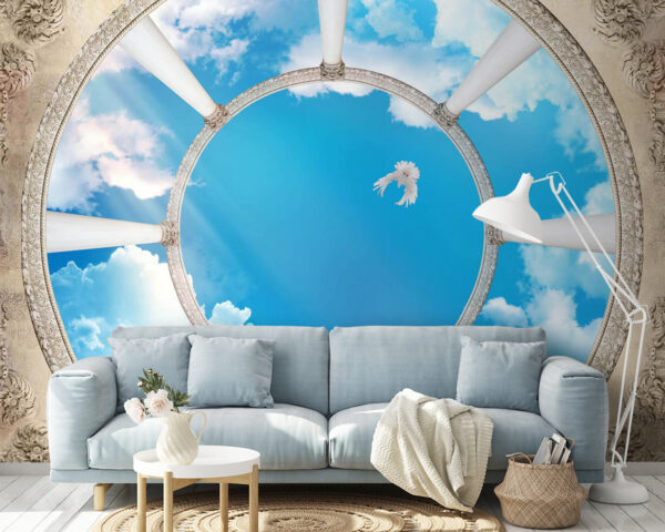 Circular ceiling with columns and a bird flying through the sky Circular ceiling with columns and a bird flying through the sky
