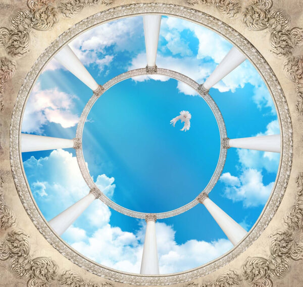 Circular ceiling with columns and a bird flying through the sky Circular ceiling with columns and a bird flying through the sky