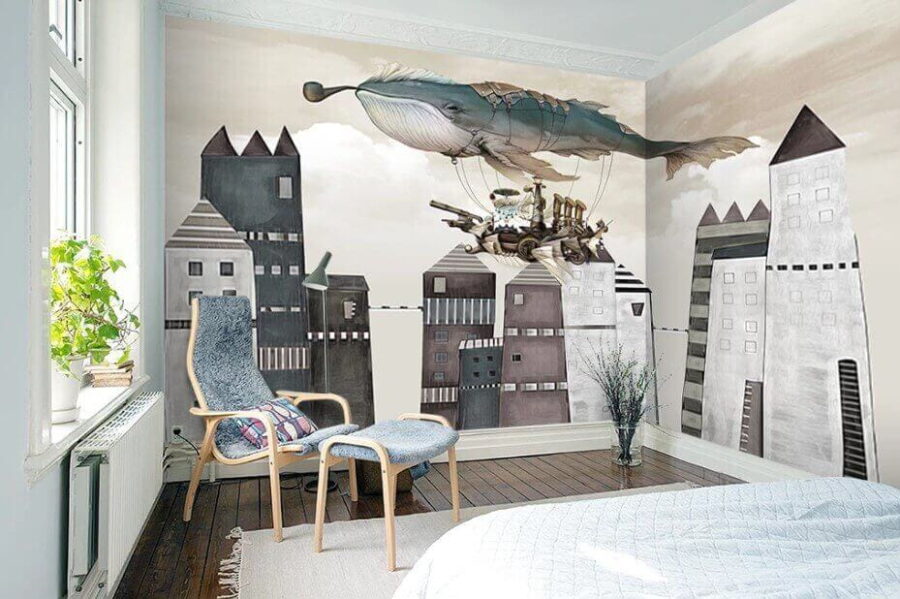Wall murals Whale flying over a city