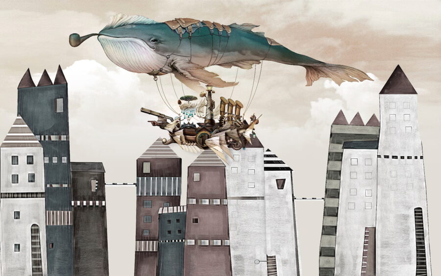 Wall murals Whale flying over a city - Image 2