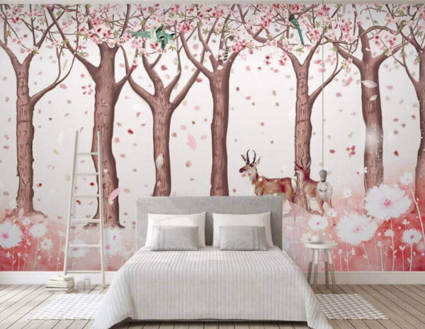 Wall murals Group of trees with flowers and birds