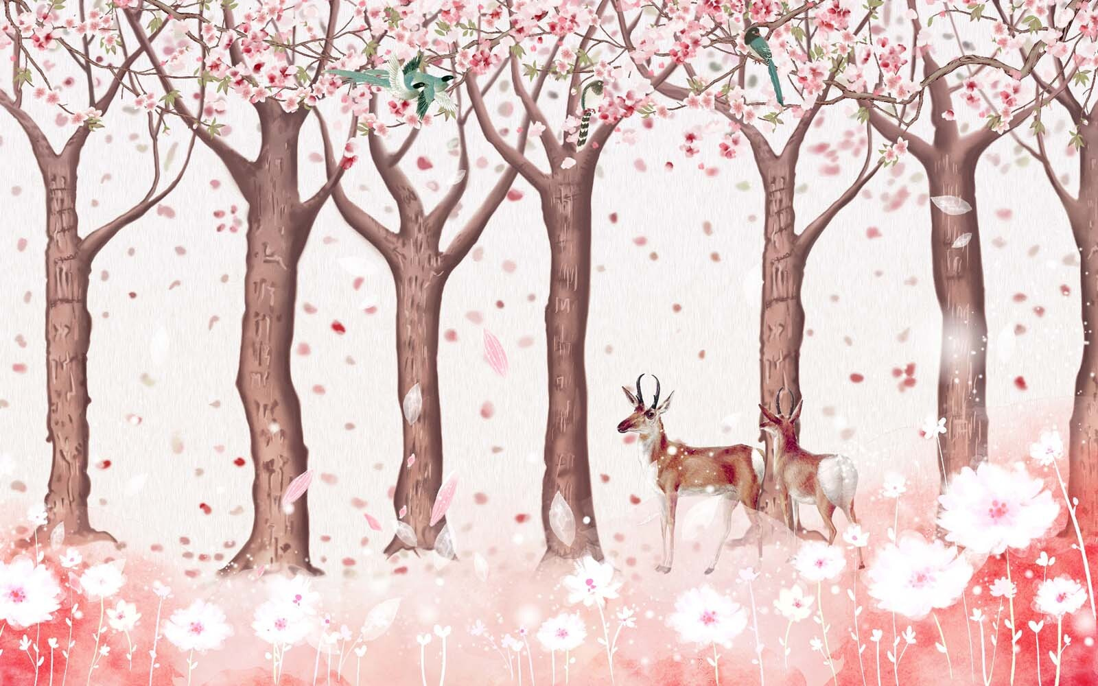 Group of trees with flowers and birds u44137p - Group of trees with flowers and birds - tegory