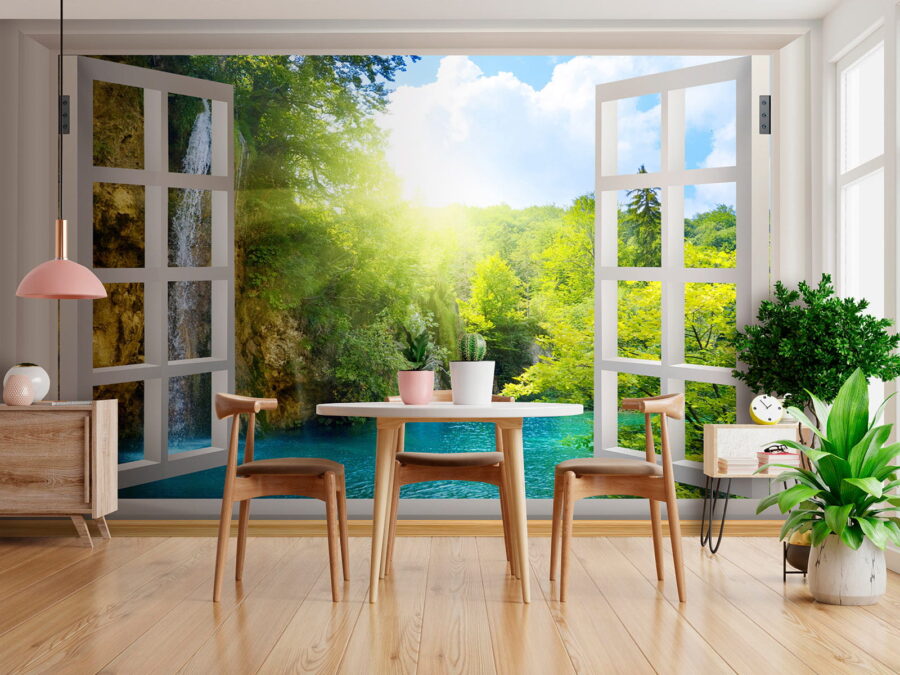 Window with a waterfall and trees