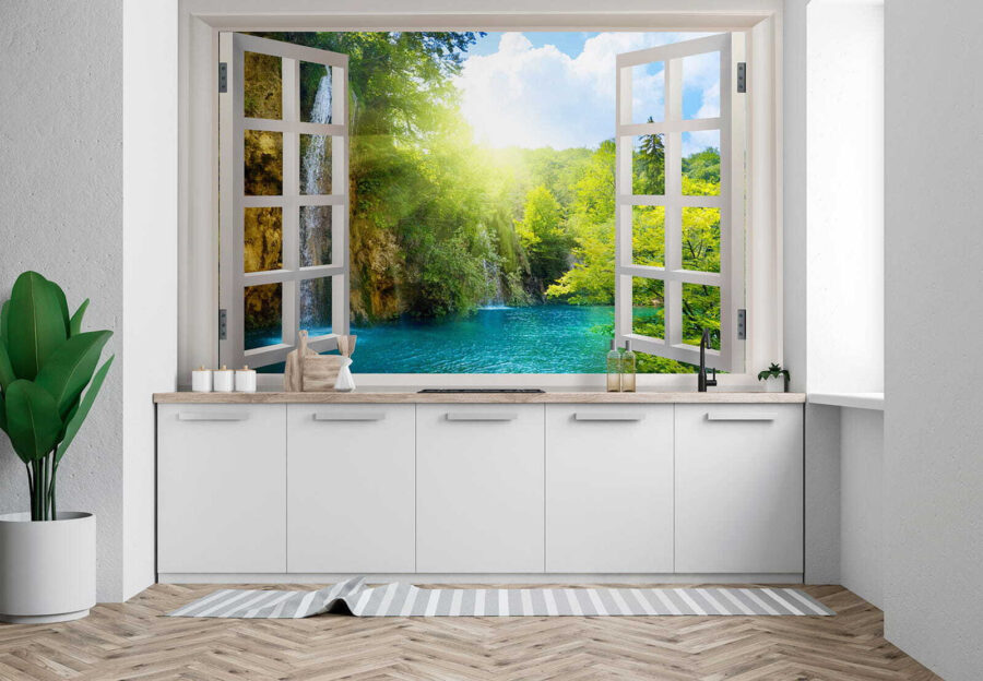 Window with a waterfall and trees