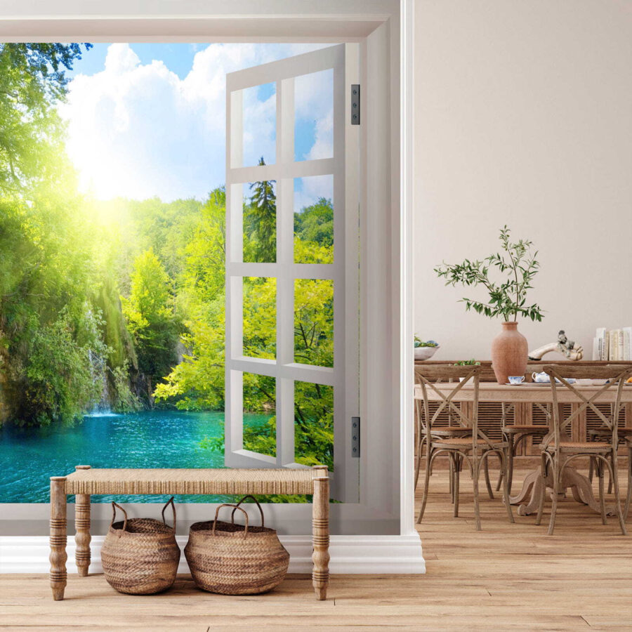 Window with a waterfall and trees