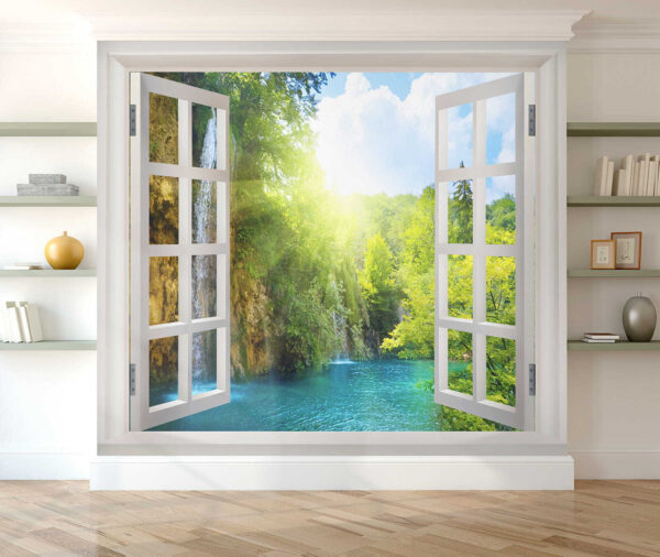 Window with a waterfall and trees Window with a waterfall and trees