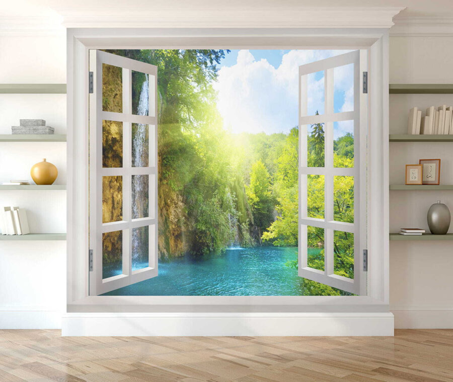 Window with a waterfall and trees