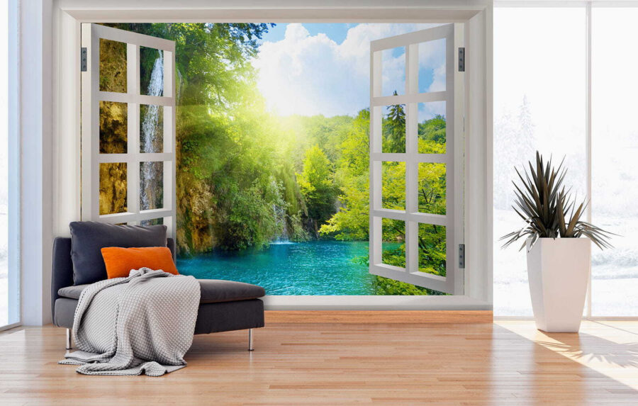 Window with a waterfall and trees