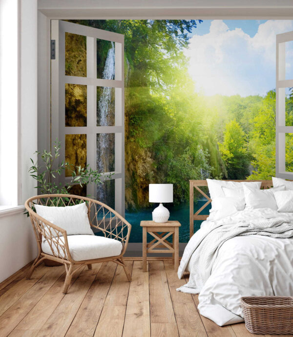 Window with a waterfall and trees Window with a waterfall and trees