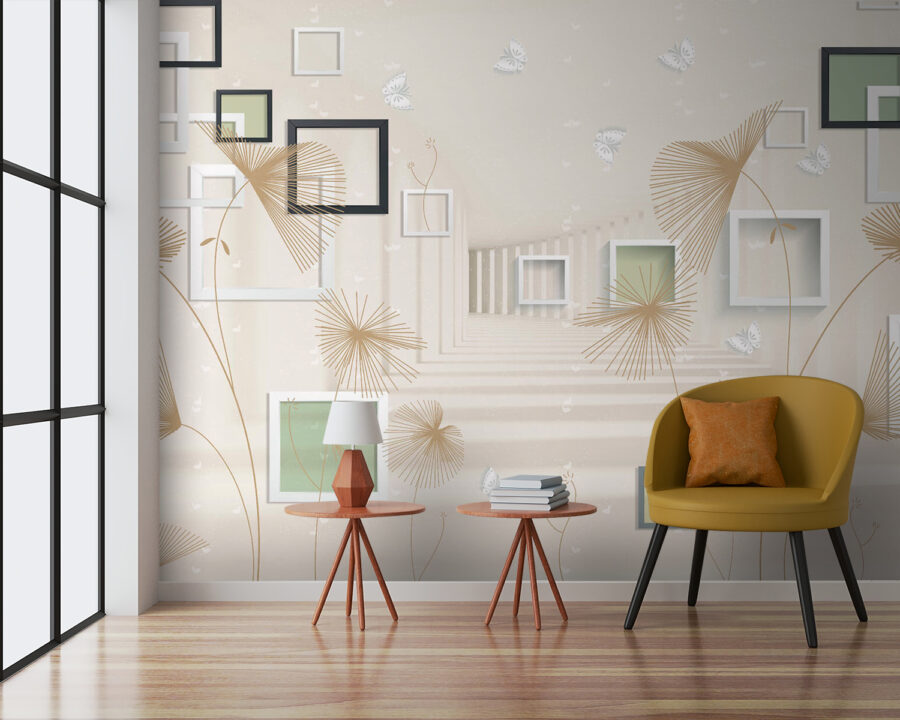 Wallpaper with white and brown flowers and butterflies