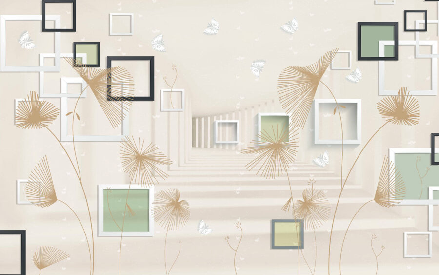 Wallpaper with white and brown flowers and butterflies