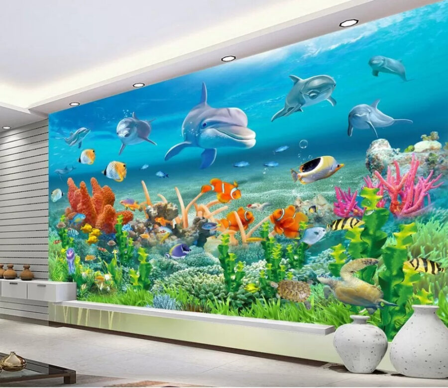 Group of fish and dolphins swimming in the ocean Group of fish and dolphins swimming in the ocean