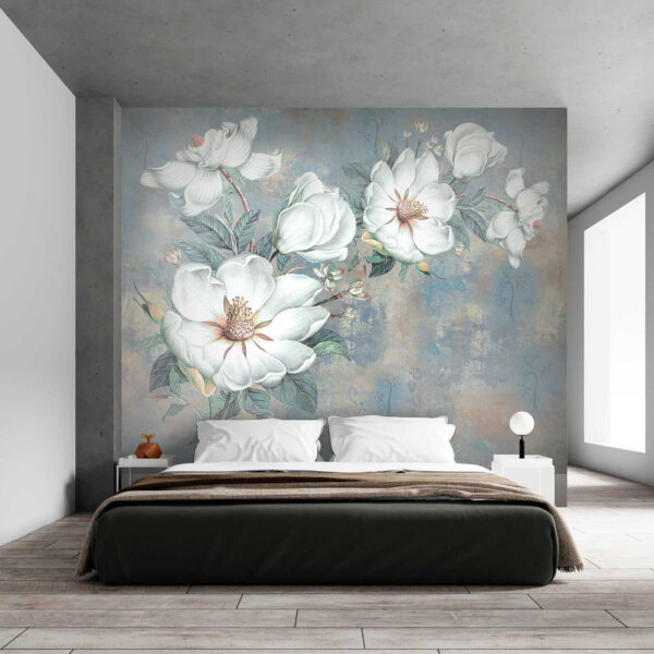 White flowers on a blue background White flowers on a blue background