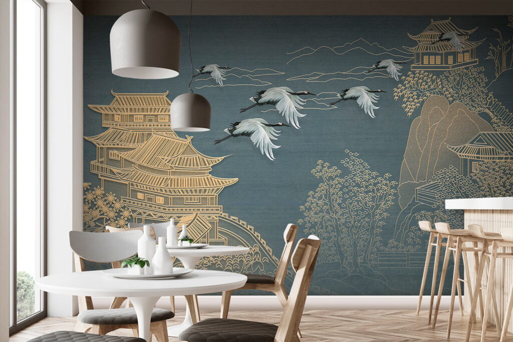 Painting of a landscape with cranes flying over a building