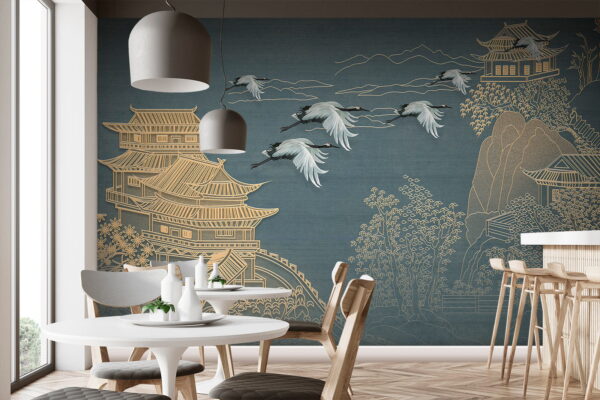 Painting of a landscape with cranes flying over a building