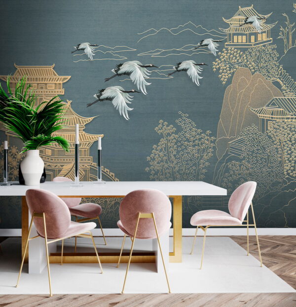 Painting of a landscape with cranes flying over a building