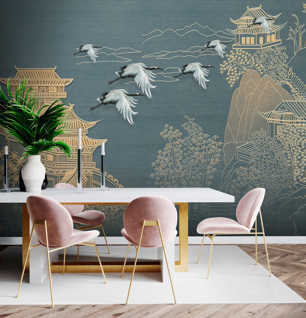 Painting of a landscape with cranes flying over a building