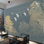 Wall murals Painting of a landscape with cranes flying over a building