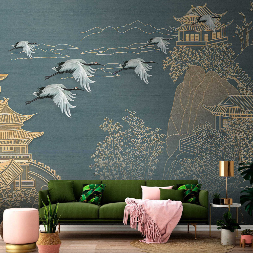 Painting of a landscape with cranes flying over a building