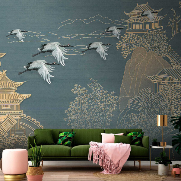 Painting of a landscape with cranes flying over a building