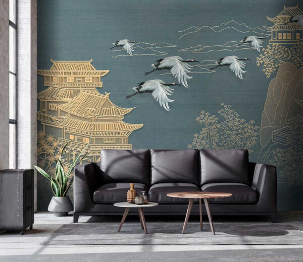 Painting of a landscape with cranes flying over a building