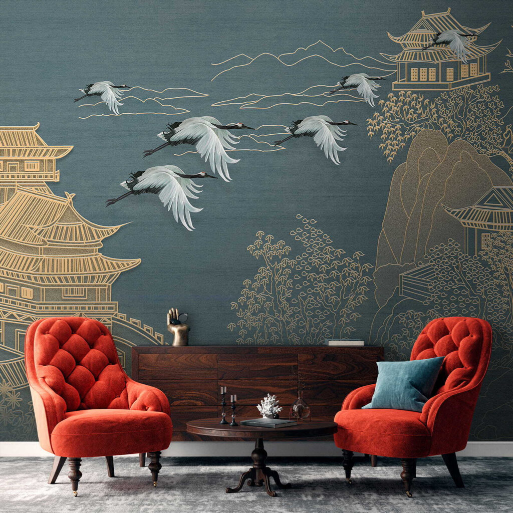 Painting of a landscape with cranes flying over a building