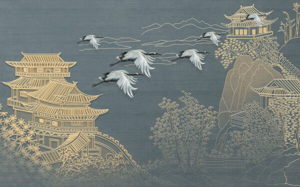 Painting of a landscape with cranes flying over a building