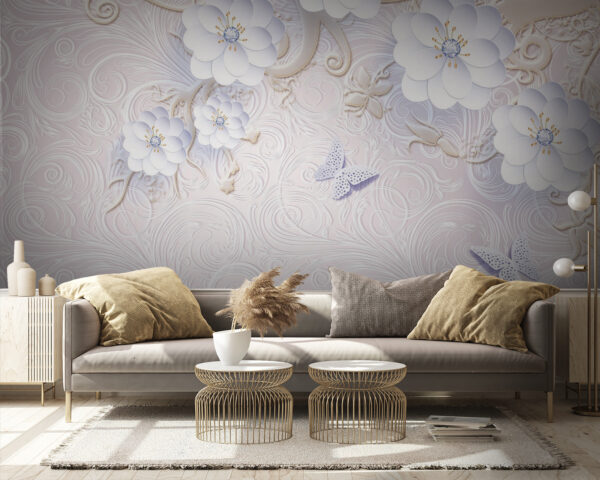 Wallpaper with white flowers and butterflies Wallpaper with white flowers and butterflies