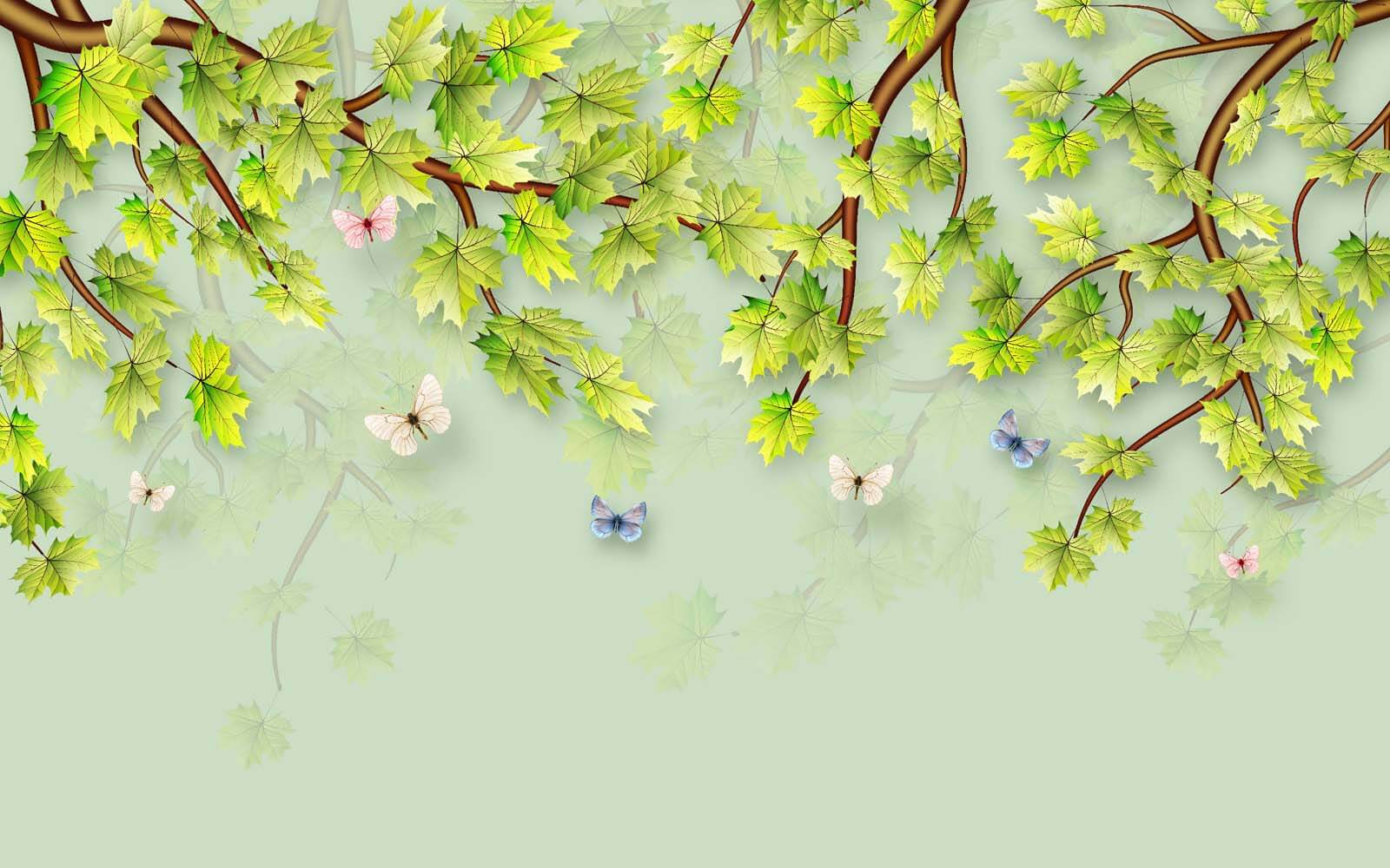 u38526p - Green leaves and butterflies on a white background - tegory