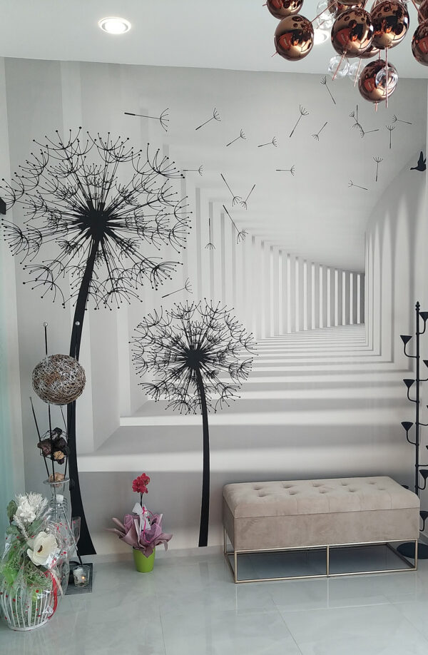 White room with trees and birds flying White room with trees and birds flying