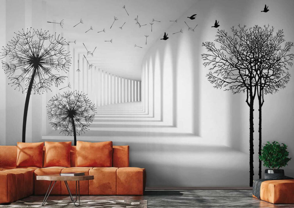 White room with trees and birds flying