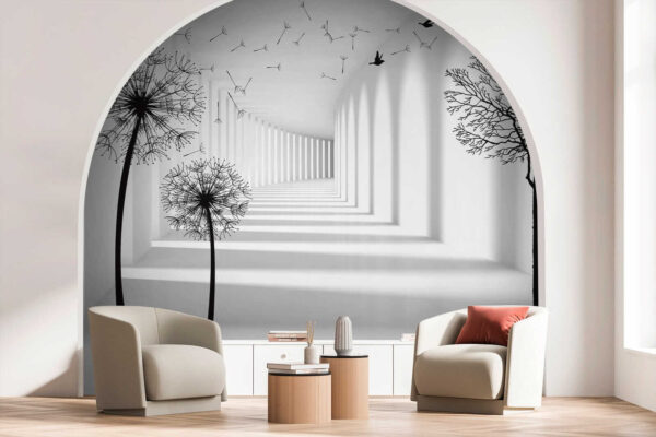 White room with trees and birds flying White room with trees and birds flying