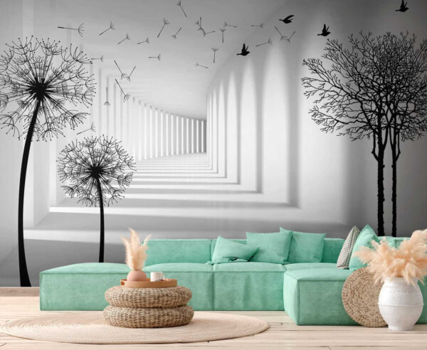 White room with trees and birds flying White room with trees and birds flying