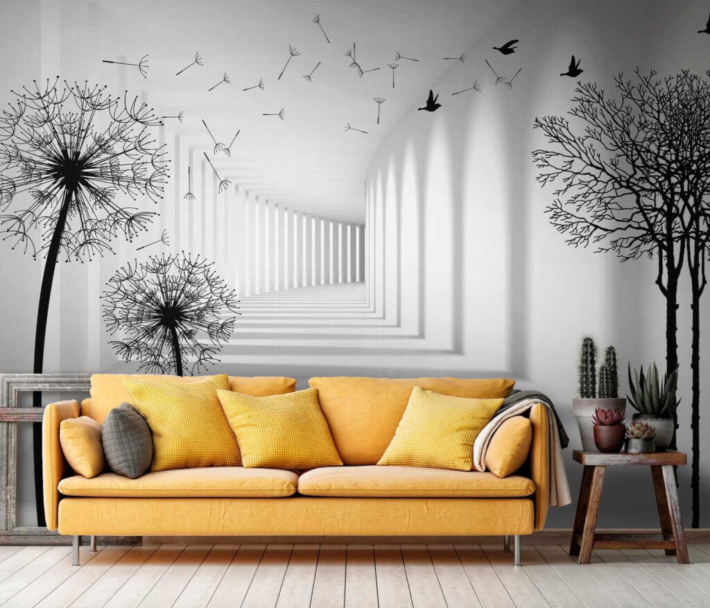 White room with trees and birds flying
