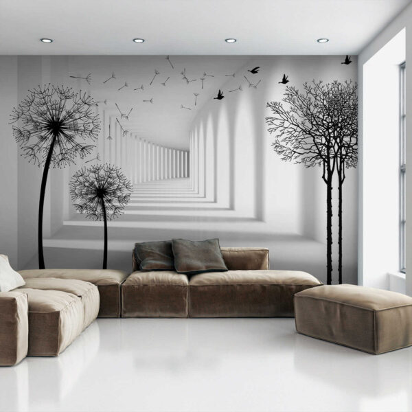 White room with trees and birds flying White room with trees and birds flying