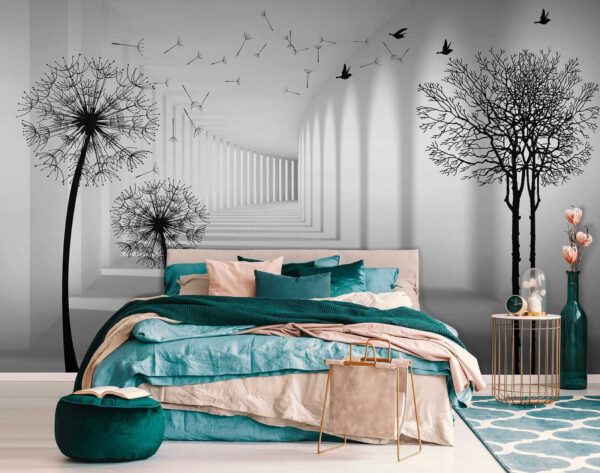 White room with trees and birds flying White room with trees and birds flying