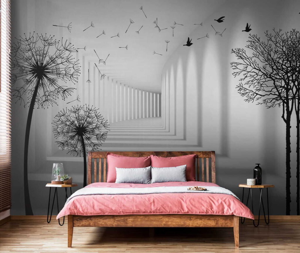 White room with trees and birds flying