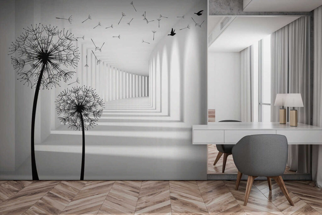 White room with trees and birds flying