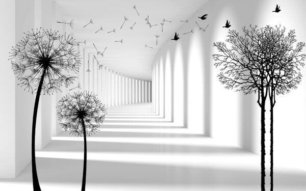 White room with trees and birds flying White room with trees and birds flying