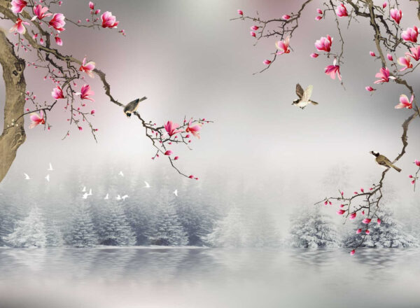 Tree branches with pink flowers and birds flying over water Tree branches with pink flowers and birds flying over water