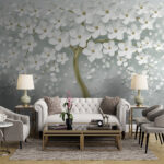 Wall murals Tree with white flowers and leaves