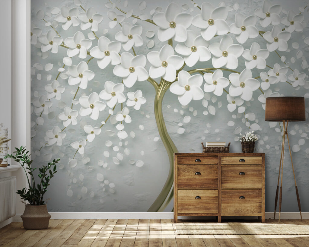 Tree with white flowers on a grey background Tree with white flowers on a grey background