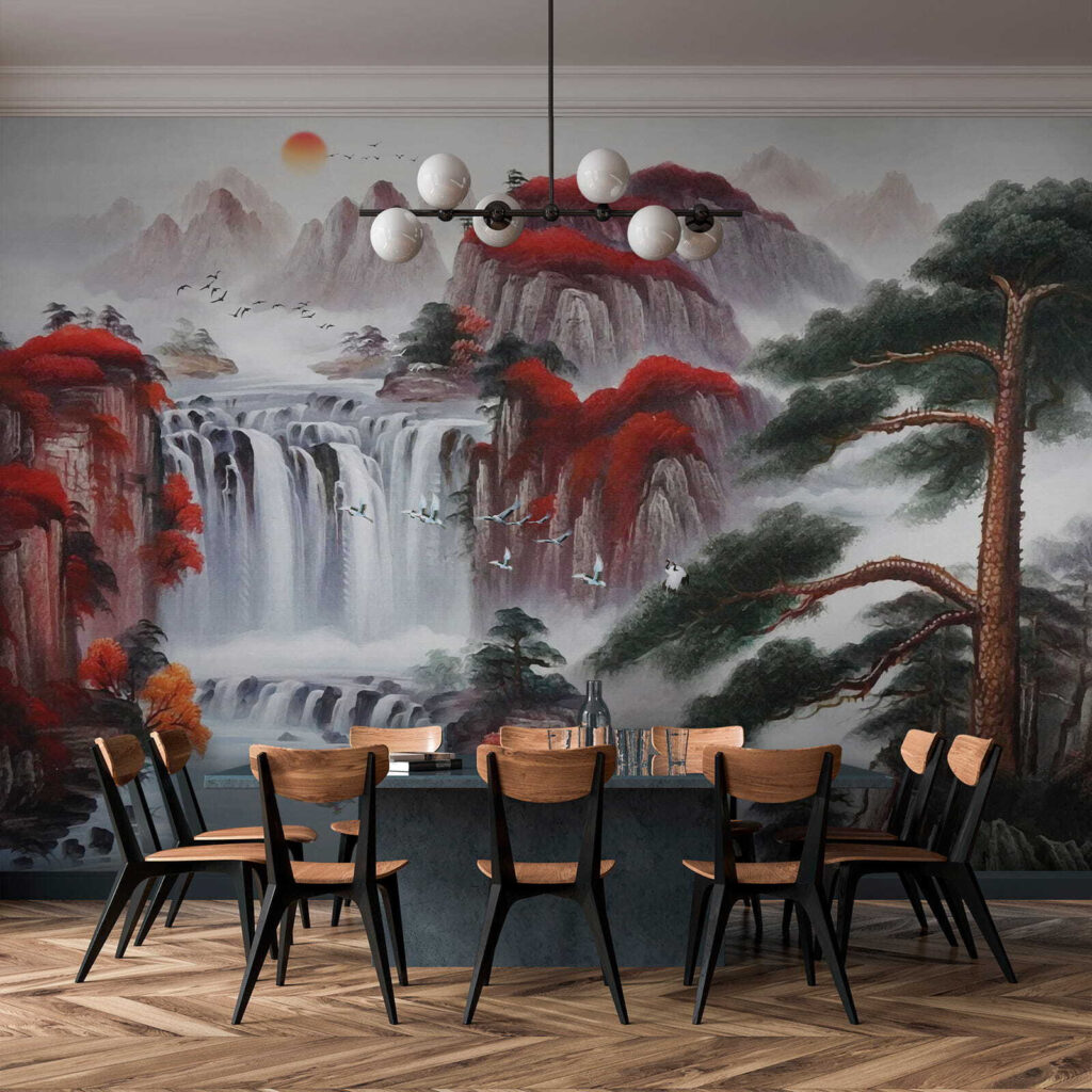 Painting of a waterfall and trees Painting of a waterfall and trees