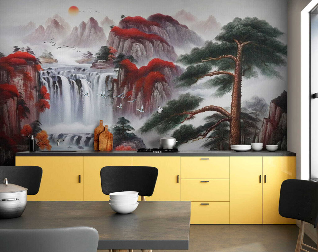 Painting of a waterfall and trees Painting of a waterfall and trees