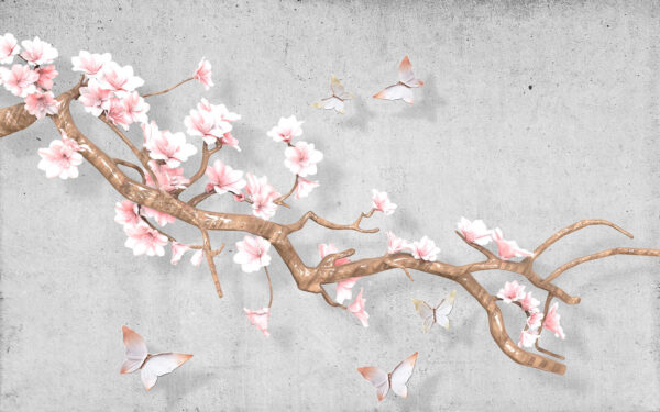 Branch with pink flowers and butterflies Branch with pink flowers and butterflies